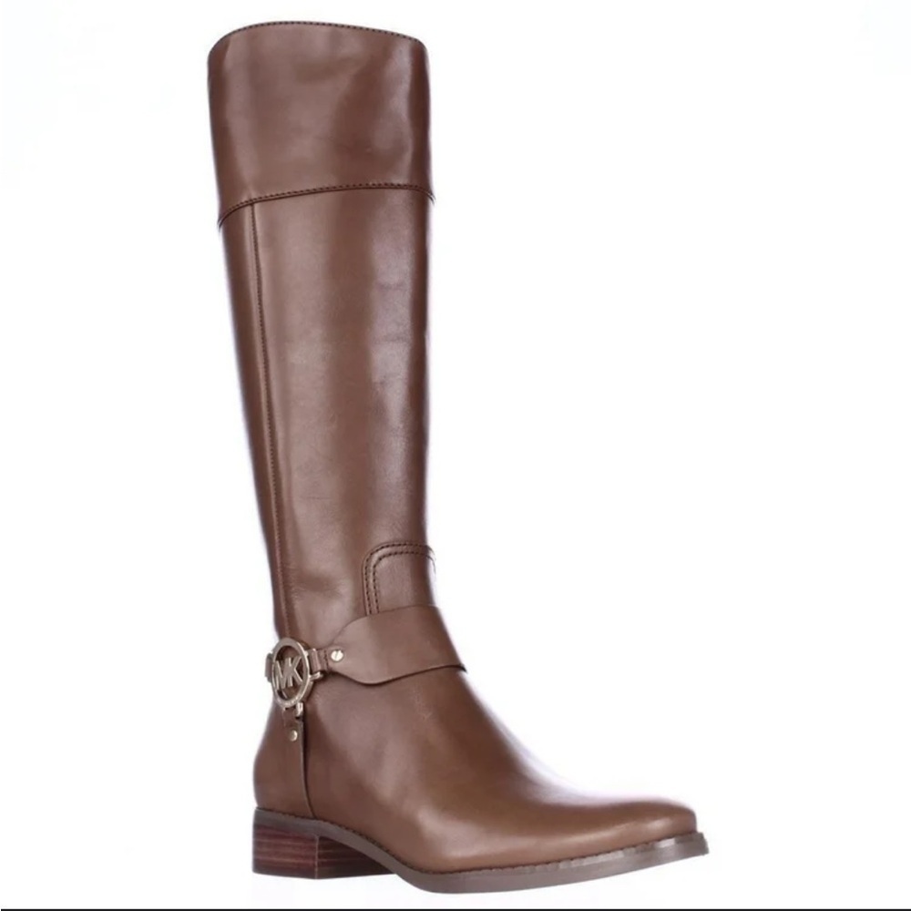 MICHAEL KORS FULTON HARNESS GOLD MK LOGO MOCHA BROWN TALL RIDING BOOTS SIZE 8 - Picture 2 of 12